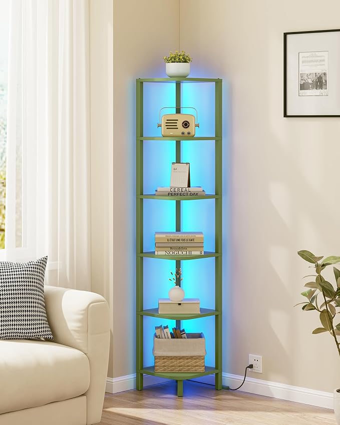 TUTOTAK Corner Shelf with LED Light, 6-Tier Corner Bookshelf | for Small Space, Narrow Display Corner Shelf Stand with Storage Rack, for Living Room, Bedroom, Olive Green BS08BOG006L