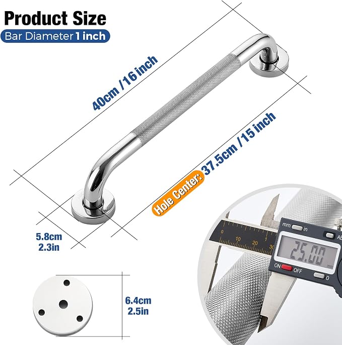 Grab Bars for Shower, 16 Inch Shower Handle, 2 Pack, Polished Nickel | Grab Bars for Bathroom, Knurled Anti-Slip Grip, 15-Inch Hole Centers, 1-Inch Diameter, Wall-Mounted Support for Seniors