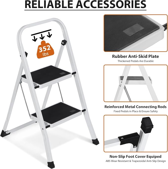 ZENY 2 Step Ladder Folding Step Stool with Wide Anti-Slip Pedal, Convenient Handgrip, Portable Steel Step Stool, Sturdy Steel Ladder for Household and Office