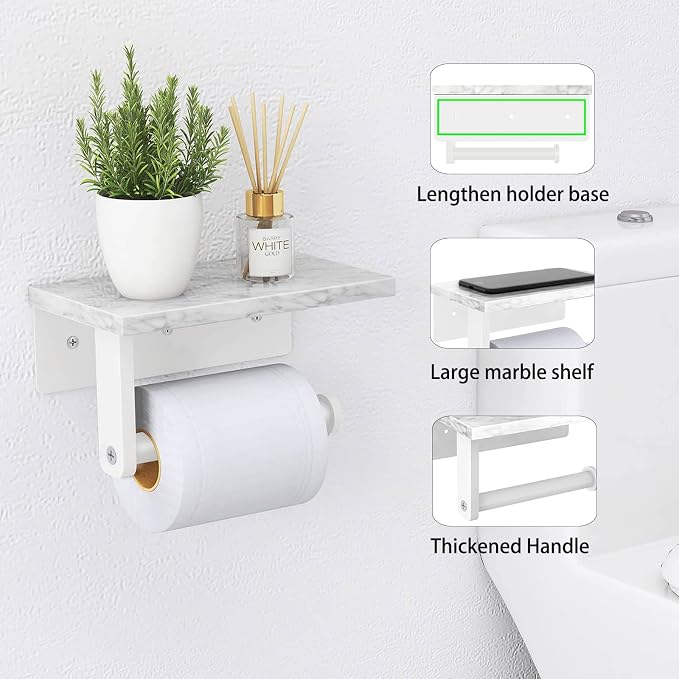 Gypie Toilet Paper Holder with Marble Shelf, Wall Mounted White | Stainless Steel, Tissue Roll Paper Holder Dispenser for Bathroom Washroom