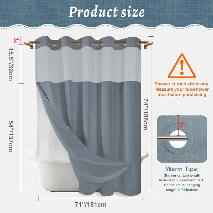 WONICY No Hook Shower Curtain with Liner, Gray Blue, 71 x 74 Inch | Ringless, Waterproof & Washable, Hotel Style, Mesh Top Window, Bottom Magnets, Thick, Farmhouse, for Bathroom
