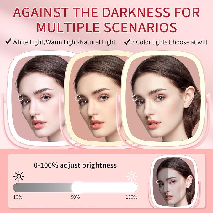 Vanmirr Height Adjustable Lighted Makeup Mirror with Magnification-Pink | 1x/10x Magnifying Mirror,8.5" Rechargeable Vanity Mirror with 3 Color Lights,360°Rotation 2-Sided Light up Desk Mirror