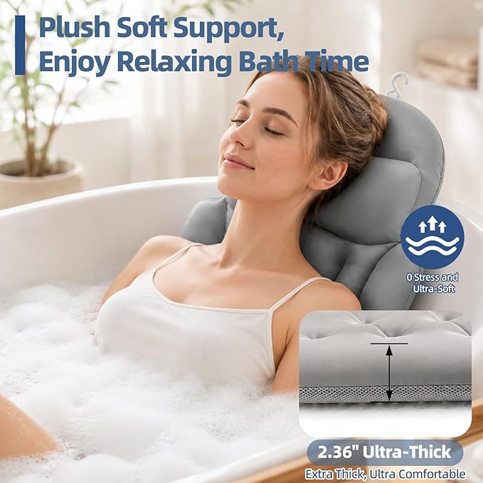 Full Body Bath Pillow for Tub, Ergonomic Head Neck Back Support, 192 Non-Slip Suction Cups, Thick Cushion with Laundry Bag, Fits Most Bathtub, 56"x16" Grey