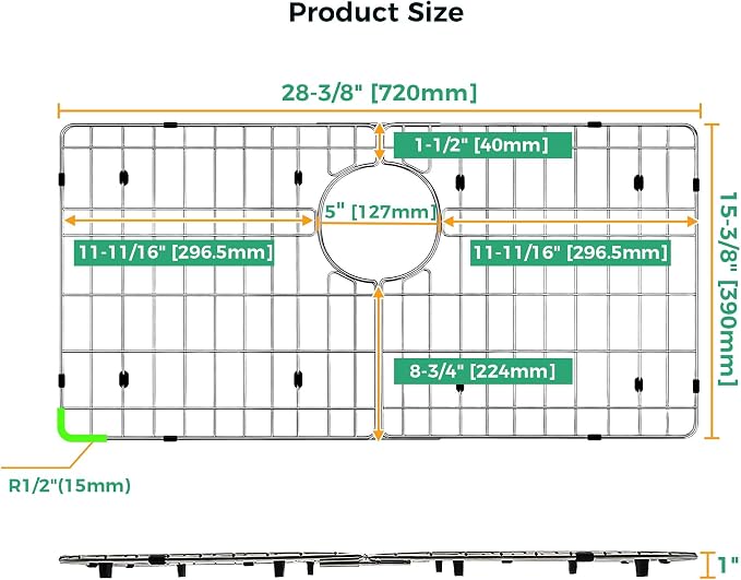 Stainless Steel Detachable Sink Grid (28-3/8" x 15-3/8" Rear Drain) | 304 Stainless Steel, Anti-Rust, Sink Bottom Protector, Scratch Proof, Rear Drain, Multi-Use Rack, Heavy Duty, Easy Clean