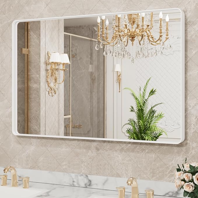 LOAAO White Metal Framed Bathroom Mirror, 48x30 Inch | Rounded Rectangle, Anti-Rust, Tempered Glass, Hangs Horizontally or Vertically