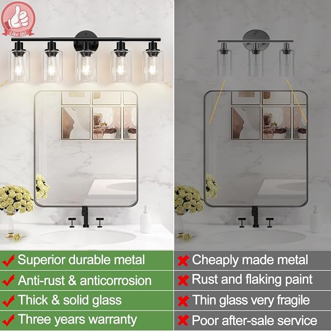Zarbitta 5-Light Bathroom Light Fixtures, Black Modern Vanity Lights with Clear Glass Shade, Bathroom Wall Lamp for Mirror Kitchen Living Room Hallway Cabinet Porch