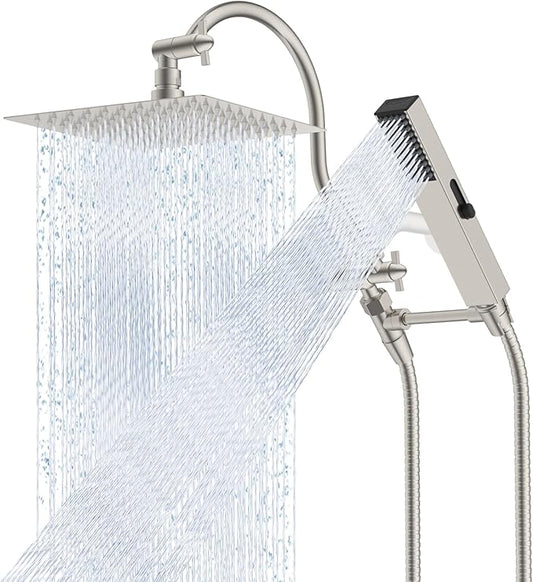 Hibbent All Metal cUPC Certified Shower Head, 8'' High Pressure Rainfall Showerhead Combo, Handheld Shower Wand, 12'' Adjustable Extension Arm, 4-Spray, 71'' Hose, Shower Holder, Brushed Nickel