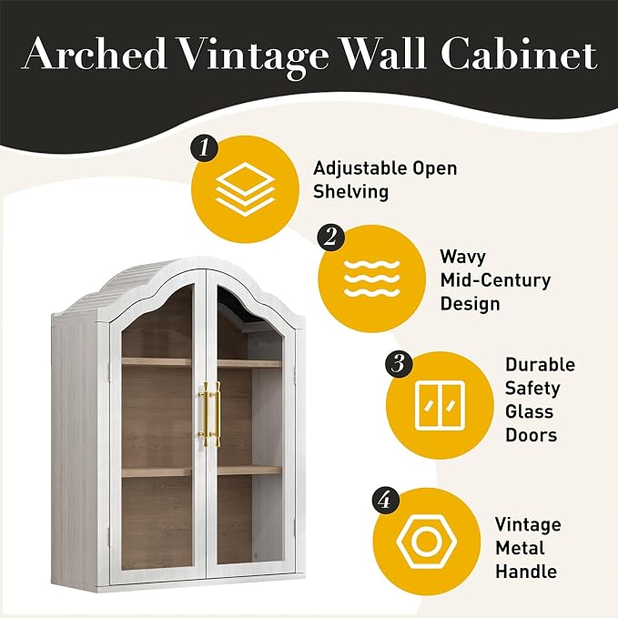 Arched Bathroom Wall Cabinet with Glass Doors, 31.5×23.6" Wall Mounted Display Cabinet with Adjustable Shelves, Hanging Storage Cabinet for Kitchen, Living Room