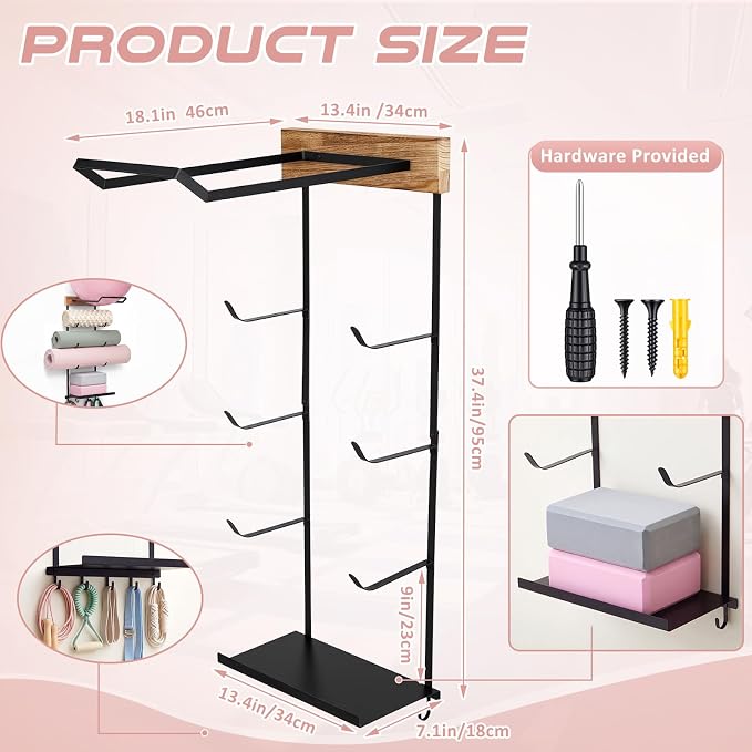 Yoga Mat and Ball Holder Wall Mount, 4-tier Yoga Mat & Ball Storage Rack, Metal Floating Shelf, Home Gym Organizer for Hanging Foam Rollers & Resistance Bands, Wood Color
