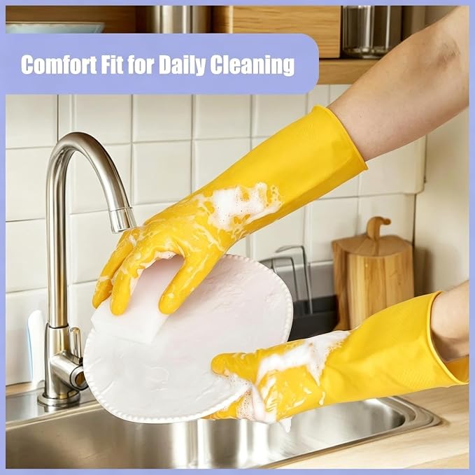 Rubber Kitchen Dishwashing Gloves - 4 Pairs Colorful Reusable Cleaning Gloves for Kitchen Washing Dishes and Household Cleaning (Medium, Yellow+Blue)