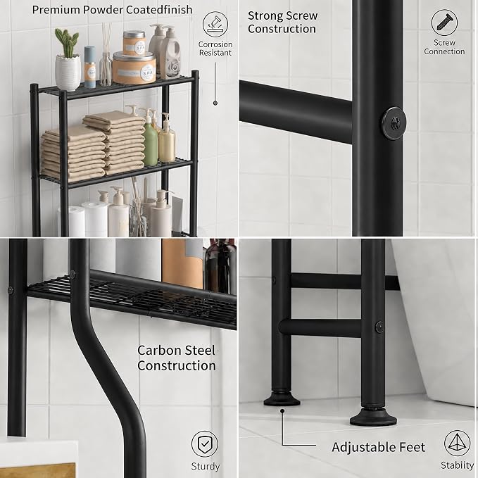 GloTika 3-Tier Over Toilet Storage, Anti-Tilt, 64" H, Black | Anti-Tilt Safety System, 150lb Capacity, Carbon Steel, Freestanding, No Drilling, Anti-Rust Coating, Paper Holder & 4 Hooks