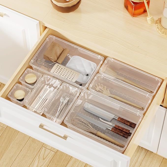 WOWBOX 16 PCS Clear Plastic Drawer Organizer Set, 4 Sizes Desk Drawer Organization and Storage Containers for Makeup, Cosmetics, Jewelry and Gadgets in Kitchen, Bathroom, Bedroom, Office, Clear