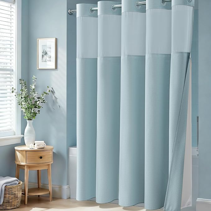 Fog Blue Hook Free Waffle Shower Curtain & Snap-in Liner,72x75 | Less Time to install, 3 in 1 Fabric Shower Curtain and Liner Set with Magnets, Mesh Top Window, Shower Curtains for Bathroom