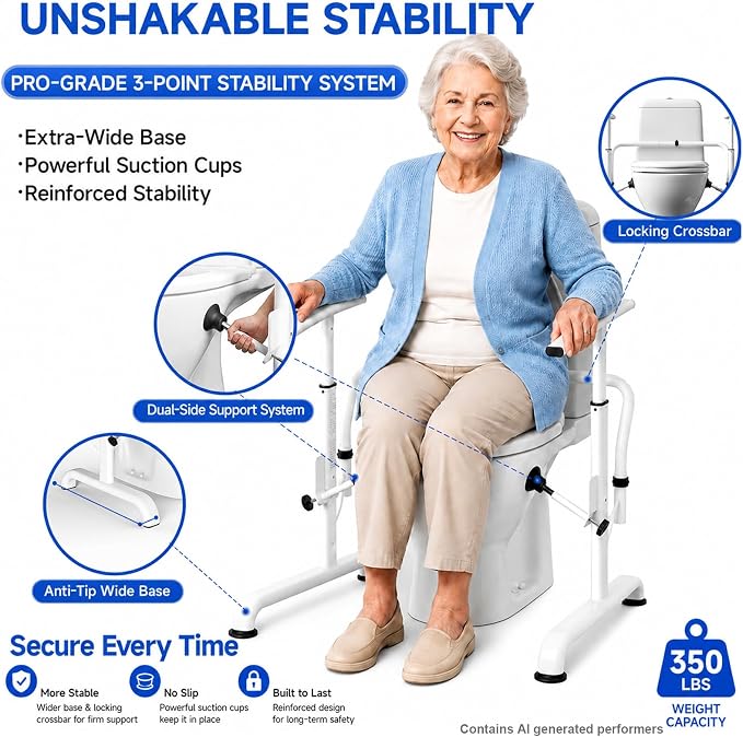 Toilet Safety Rails for Seniors, Heavy Duty Frame with Handles | 350lbs Reinforced Iron, Triple Stability with 2 Suction Cups & Rear Bar, Adjustable Height & Width