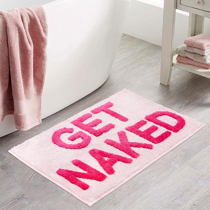 Zeeinx Get Naked Bath Mat Pink Cute Funny Bathroom Rugs 20”x32” | Non Slip Absorbent Microfiber Machine Washable Pink Bathroom Rugs for Tub and Shower Funny Apartment Decor