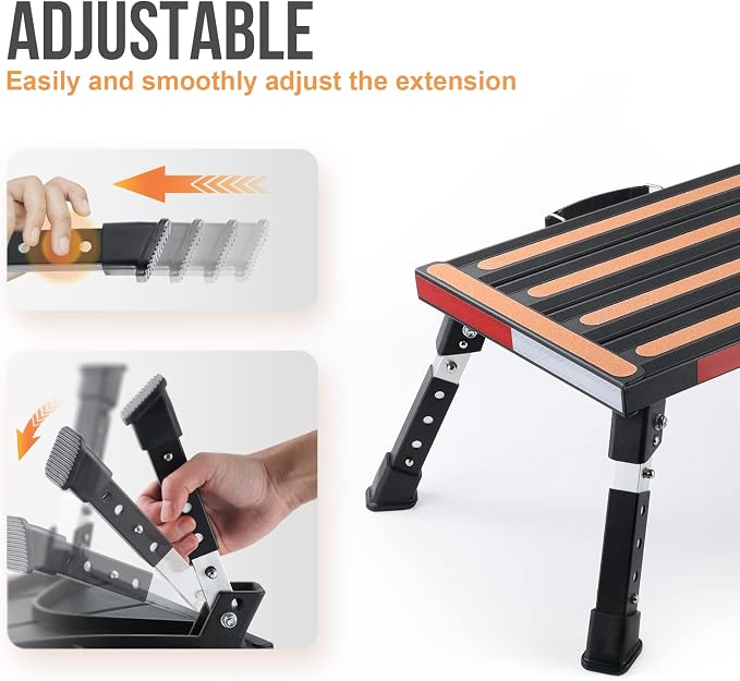 Yagud Safety RV Steps, Non-Slip Folding Adjustable Step Stool | Height Adj. Platform Step 17"x12" Non-Slip, Rubber Feet, Reflect. Strips, T Level, Aluminum RV Stool 1000lbs, Black