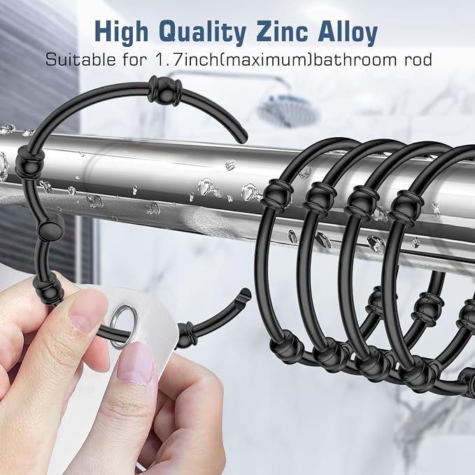 Shower Curtain Rings, 12 Pack Shower Hooks for Shower Curtain, Rust Proof Metal Decorative Shower Rings for Bathroom Shower Rod, Smooth Sliding Anti-Drop Shower Rings for Curtain, Black