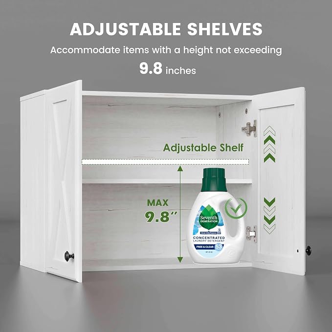 FIMELLO Wall Cabinet, Bathroom Wall Cabinet, Farmhouse Wall Mounted Cabinets for Kitchen Garage Laundry Storage, Medicine Cabinet with 2 Door and Shelf, Laundry Room Wall Cabinets, White Grain