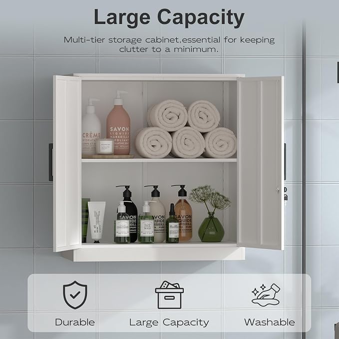 Wall Cabinet,Lockable Storage Cabinets with Adjustable Shelf,Locking Wall Storage Cabinet with Doors for Laundry Room,Home Office,White