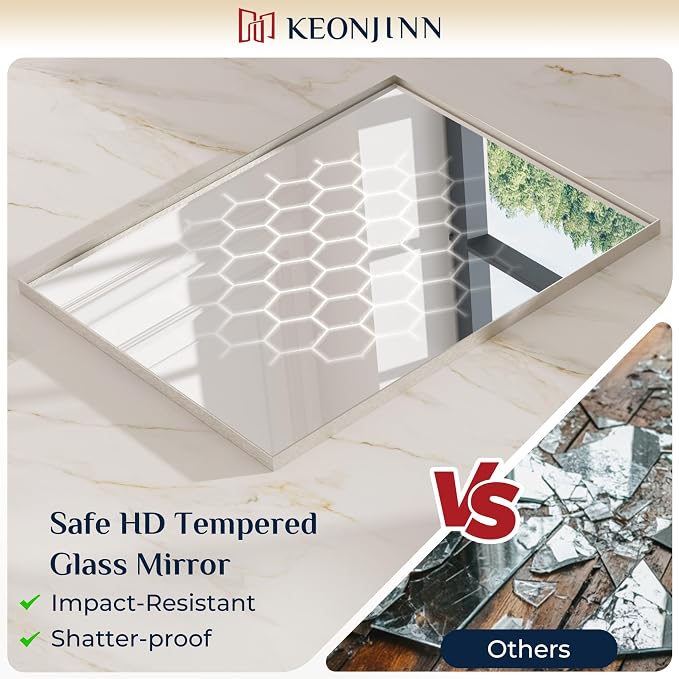 Keonjinn 48x40 Inch Nickel Bathroom Mirror for Over Sink, HD Tempered Glass | Rectangular, Vanity Mirror, Brushed Framed, Square Corner, Modern Farmhouse, Wall Mounted Mirrors, Aluminum Alloy
