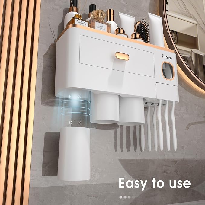 iHave Toothbrush Holders Bathrooms Wall Mount Toothpaste Dispenser & 3 Cups | Elegant White & Gold Bathroom Decor: 3 Cups, 6 Slots, Toothpaste Dispenser, Tray & Drawer Wall Mount Toothbrush Organizer