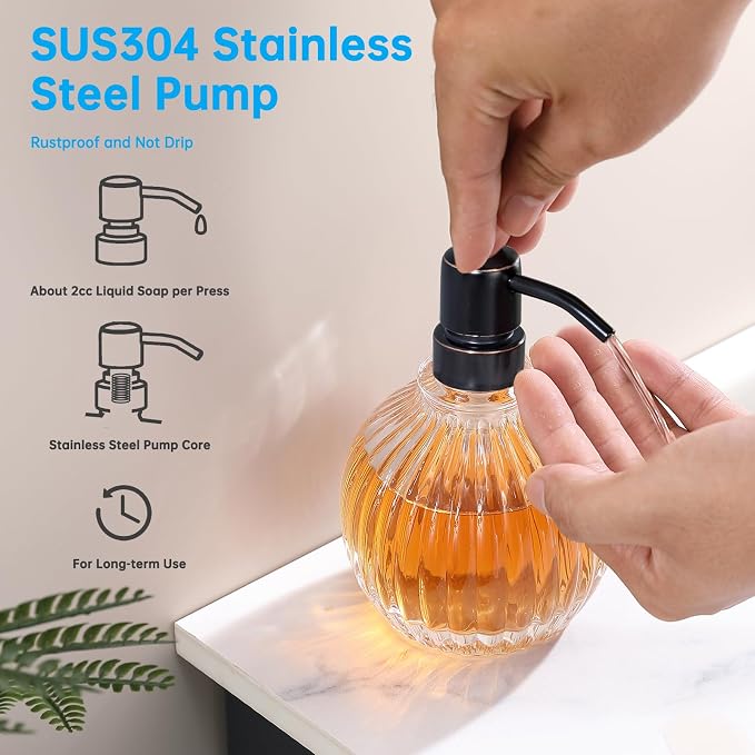 Round Soap Dispenser Bathroom with Oil Rubbed Bronze Pump, Glass Bottle with Stainless Steel Pump Liquid Sphere Soap Dispenser Circular Countertop Kitchen