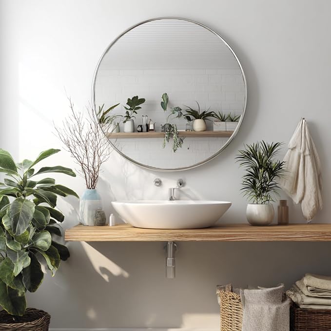 Big Bathroom Mirror 42 inch,Silver Wall Mirror,Brushed Metal Frame | Brushed Silver Metal Frame, High Definition Mirror, Rust-resistant, Circle Mirrors for Living Room, Bedroom, Dressing Room