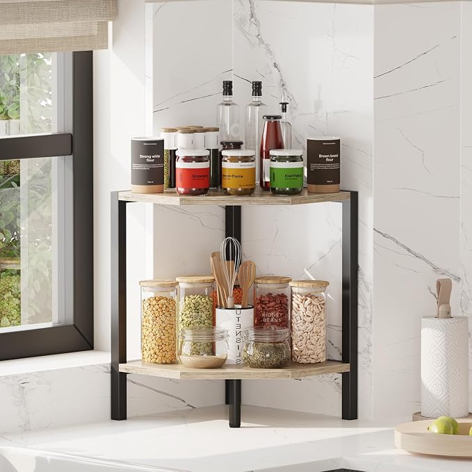 Creso hom Corner Shelf Stand, 2 Tier Industrial Corner Bookshelf | Multipurpose Standing Corner Display Shelf Countertop Organizer for Living Room Kitchen Bedroom Office, Greige