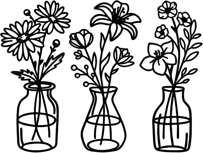 3 Pcs Metal Flowers Wall Arts,Black Metal Vase Wall Art,Iron Art Painting,Rustic Farmhouse Decor Minimalist Flower Decor for Bedroom Bathroom Living Room Dining Room(Black, Vase-A)