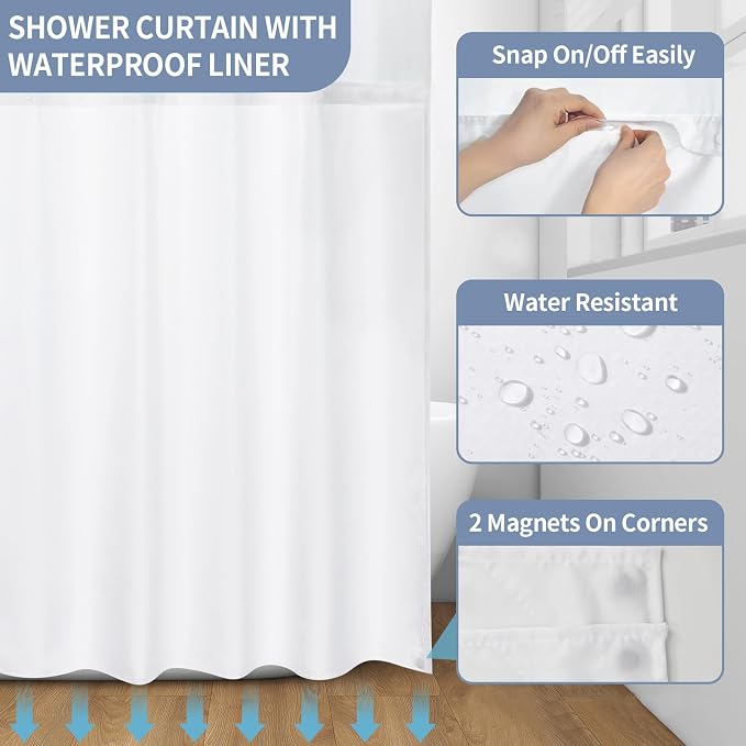 Hookless Shower Curtain with Snap in Liner，Colorful No Hook Shower Curtains for Bathroom，Shower Curtain and Liner Set for Bathroom Decor,Waterproof & Washable,72W x 75L Inch