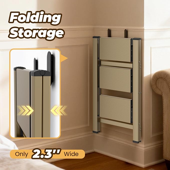 HBTower 3 Step Ladder, Lightweight Aluminum Folding Step Stool | Anti-Slip Wide Pedal, 330lbs Capacity Step Ladder for Household Kitchen Office, Gold