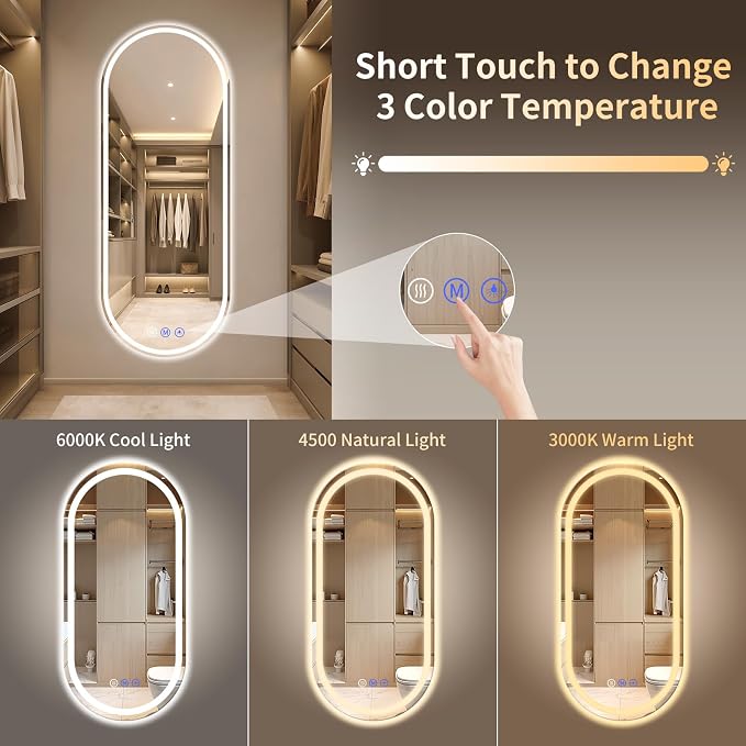Oval LED Bathroom Mirror, 24"x 50" Led Full Length Mirror | Frameless Large LED Mirror with Front Light & Backlit, Anti-Fog, Dimmable Wall Mounted Lighted Mirror, Smart Bathroom Mirror