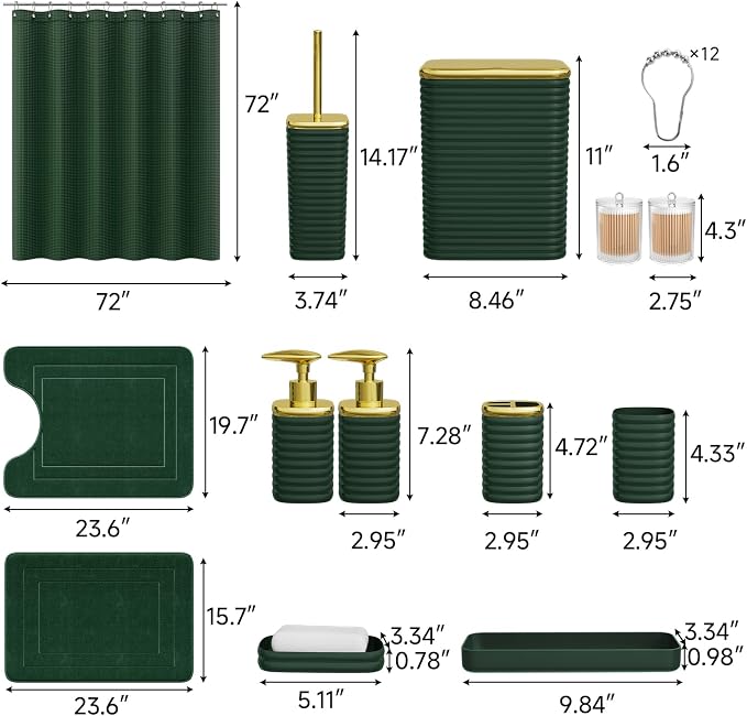 Bathroom Set - 25PC Bathroom Sets with Shower Curtain and Rugs, Green Bathroom Set, Bathroom Accessory Set, Luxury Bathroom Accessories Set, Trash Can, Toilet Brush, Soap Dish & Soap Dispenser