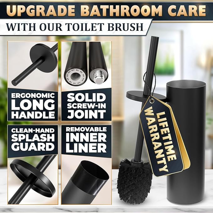 Toilet Brush and Holder Set, Stainless Steel Material (Black) | Matte Black Toilet Brush with Holder Set, Splash Protection & Dense Bristles for Bathroom Cleaning, Protection from Splashes