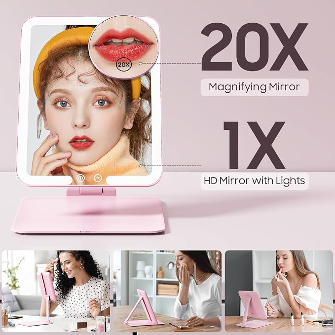 Foldable Travel Makeup Mirror with Lights, 20X Magnification, Pink | Rechargeable LED Vanity Mirror, Height & Angle Adjustable, 3-Colors Lighting, Smart Auto Sensor, Portable Tabletop Mirror