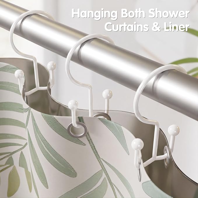 OEH Shower Curtain Hooks, Metal Shower Curtain Rings, Decorative Shower Curtain Hooks Rust Proof, Double Shower Rings for Curtain, Easy Install Anti-Drop Shower Hooks for Shower Curtain White, 12 Pack