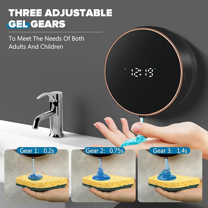 Monstake Automatic Soap Dispenser, Touchless Rechargeable Wall Mount | Smart Display, 3 Gears Adjustable Liquid Hand Dish Soap Dispenser for Kitchen Sink Bathroom Black