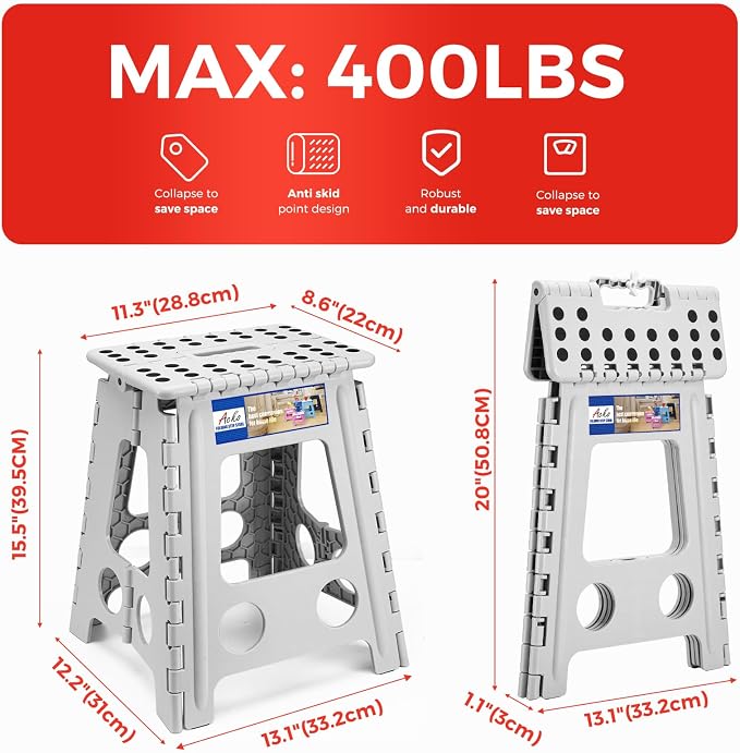 ACKO Folding Step Stool 16 Inch, 400 lbs Capacity with Safety Lock, Gray | Portable Foldable Stools with Handle, Heavy Duty Collapsible Non-Slip Foot Stool for Adults & Kids, Kitchen Bathroom Outdoor