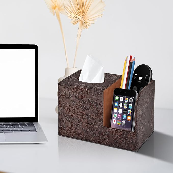 PU Leather Tissue Box Cover Square Tissue Holder Tissues Box Organizer with 2 Compartment,Remote Control Holder,Multifunctional Decorative Tissue Box Covers Cube,Home Office Desktop Storage Box,Retro