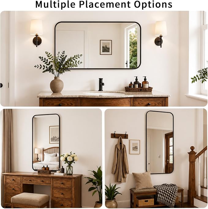 Koonmi 30x55 Inch Black Bathroom Mirror for Over Sink | Wall Mirror for Bathroom Matte Rectangle Metal Deep Framed, Shatterproof Tempered Glass, Hang Vertically or Horizontally