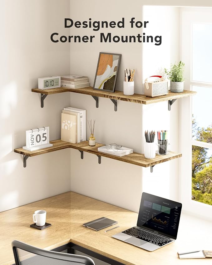 Amada Corner Floating Shelves, Paulownia Wood, Set of 4, Natural Wood | Corner Wall Shelves with Triangular Metal Bracket, 44 lbs Capacity per Shelf, L-Shaped Design for Bathroom, Laundry Room