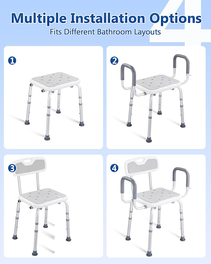 Shower Chair with Back and Arms, 330 lb Capacity | Height Adjustable, Padded Armrests, Non-Slip Seat, For Seniors, Elderly and Disabled Users
