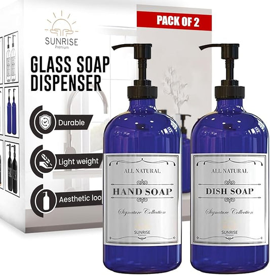 Cobalt Blue Glass Soap Dispenser with Pump, 16 oz | Blue Glass, Plastic Pump Hand and Dish, Bathroom and Kitchen Sink, Includes 6 Waterproof labels, (Pack of 2)
