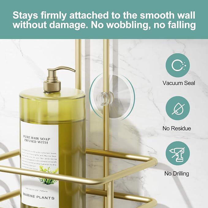 SRIWATANA Shower Caddy Hanging, Shower Organizer with Razor Hooks, Gold | Rustproof Shower Rack, No Drilling Shelves Over Shower Head, Anti-Swing Scution Install, Bathroom Holder for Sponge Loofah