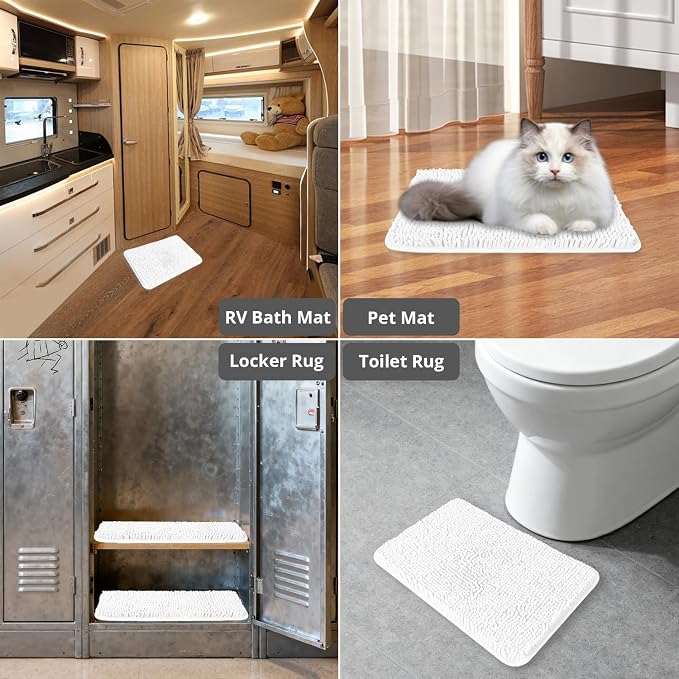 Small Bathroom Rug 12"x18" – Washable and Absorbent Bath Mat, Non Slip, Thick Soft Chenille Bath Rugs for Bathroom, Shower, Sink, Dog mat(White)