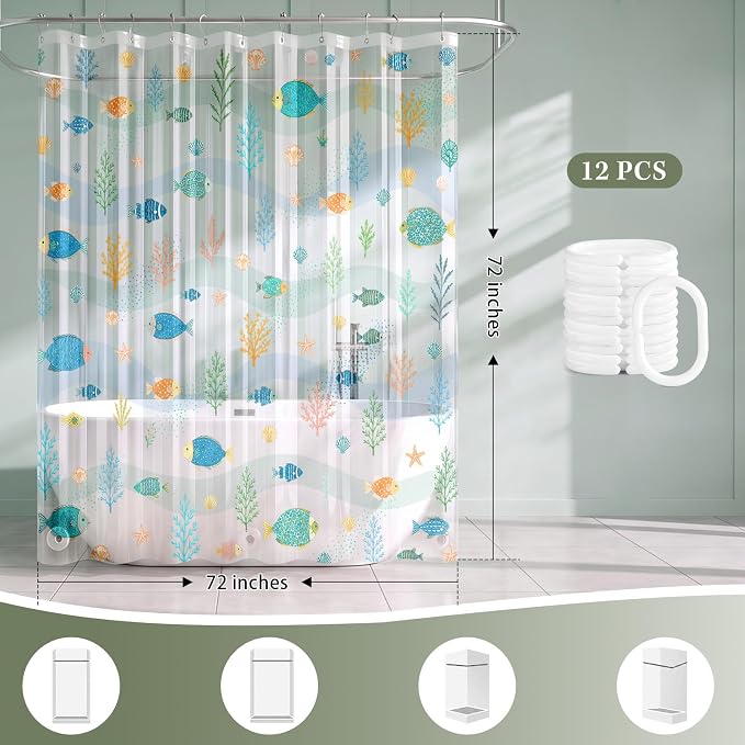Clear Shower Curtain Liner, Ocean Fish PEVA, 72x72 Inch | Underwater World Waterproof Bath Plastic Shower Curtains Set with 3 Weighted Magnets and 12 Hooks for Bathroom Decor