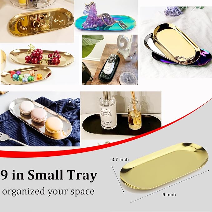 Stainless Steel Decorative Tray, Set of 2, 9 Inch Long, Jewelry Dish Cosmetics Organizer Bathroom Clutter Serving Platter Small Storage Tray, Oval, Gold