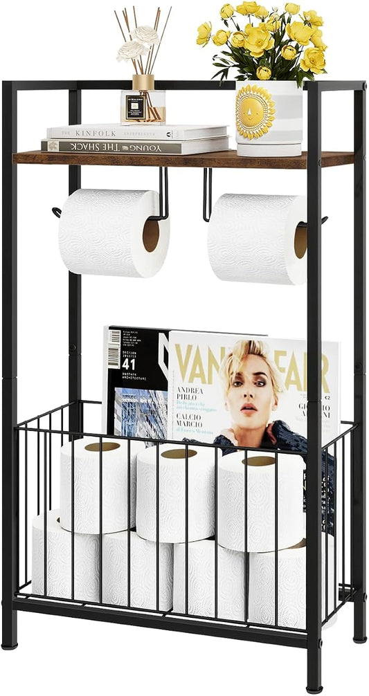 Freestanding Toilet Paper Holder with Storage, Rustic Brown | Toilet Paper Holder Stand with Wooden Shelf for Bathroom Storage, Dual Toilet Paper Roll Stand for Extra Rolls & Magazines