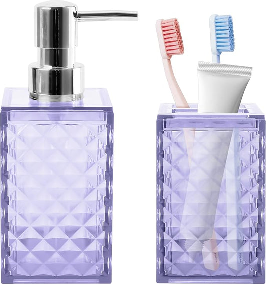 2 PCS Bathroom Accessory Set, Purple Soap Dispenser and Toothbrush Holder | Light Purple Bathroom Accessories Sets for Modern Bathroom Decor, Plastic Bathroom Sets