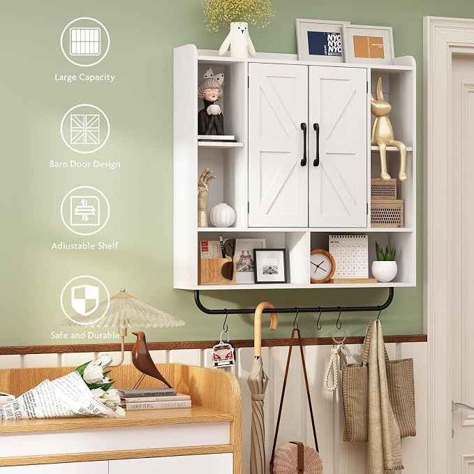 RUSTOWN Rustic Bathroom Wall Storage Cabinet with 2 Barn Doors, White | Farmhouse Medicine Cabinet, Wall Mounted, Space Saving, 3-Tier Adjustable Shelves, Towel Bar, 5 Hooks